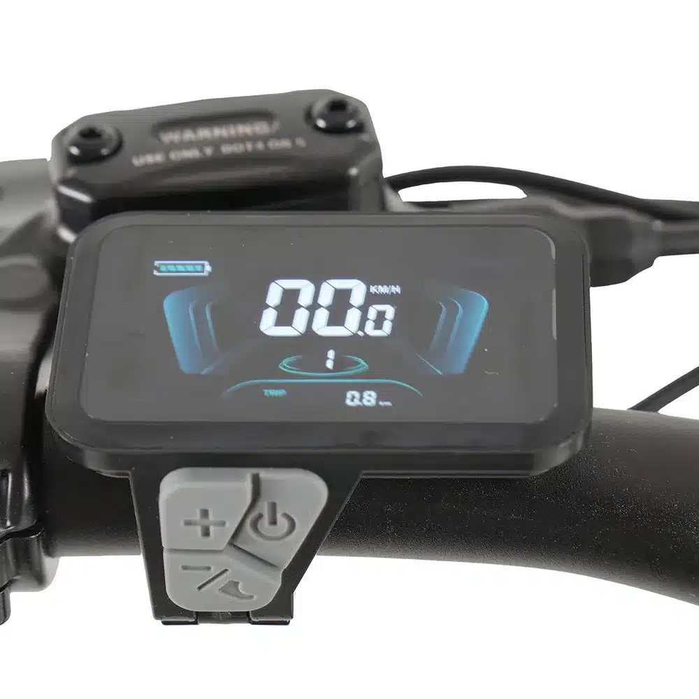 Nahaufnahme des digitalen Displays eines CMACEWHEEL HQ20 Elektrofahrrads, das '00 km/h' anzeigt, zusammen mit dem Batteriestatus und der Tageskilometeranzeige.