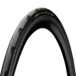 Seitenansicht eines Continental Archetype Rennradreifens auf schwarzem Hintergrund, mit Fokus auf das Lazer Grip Schulterprofil und das gelbe "Archetype"-Branding.