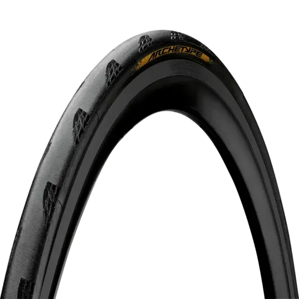 Seitenansicht eines Continental Archetype Rennradreifens auf schwarzem Hintergrund, mit Fokus auf das Lazer Grip Schulterprofil und das gelbe "Archetype"-Branding.