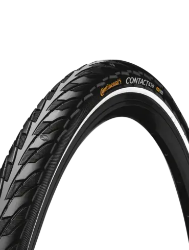 Fahrradreifen Continental Contact mit schwarzem Profil und weißem Reflexstreifen auf schwarzem Hintergrund