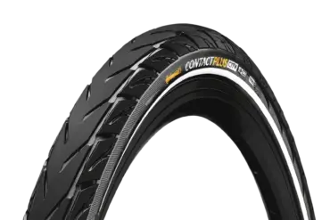 Nahaufnahme eines Continental CONTACT Plus City Fahrradreifens, der für E-Bikes und den Stadtverkehr konzipiert ist.