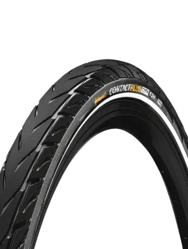 Nahaufnahme eines Continental CONTACT Plus City Fahrradreifens, der für E-Bikes und den Stadtverkehr konzipiert ist.