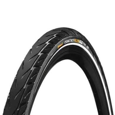Nahaufnahme eines Continental CONTACT Plus City Fahrradreifens, der für E-Bikes und den Stadtverkehr konzipiert ist.