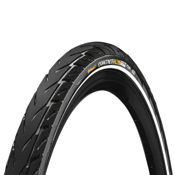 Nahaufnahme eines Continental CONTACT Plus City Fahrradreifens, der für E-Bikes und den Stadtverkehr konzipiert ist.