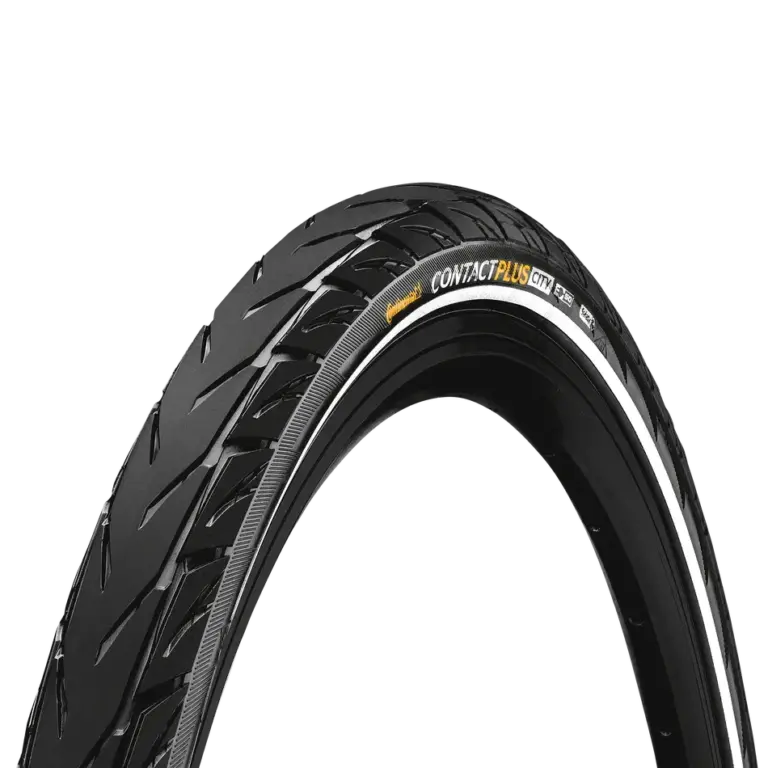 Nahaufnahme eines Continental CONTACT Plus City Fahrradreifens, der für E-Bikes und den Stadtverkehr konzipiert ist.