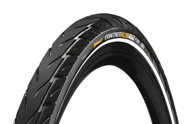 Nahaufnahme eines Continental CONTACT Plus City Fahrradreifens, der für E-Bikes und den Stadtverkehr konzipiert ist.