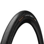 Nahaufnahme eines Continental Contact Speed Fahrradreifens, der seine Textur und das Markenlogo zeigt.