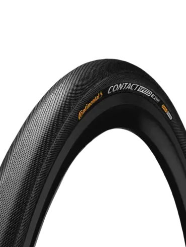 Nahaufnahme eines Continental Contact Speed Fahrradreifens, der seine Textur und das Markenlogo zeigt.