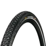 Ein Fahrradreifen mit Spikes, Modell Continental Contact Spike 120, im Profil gezeigt auf schwarzem Hintergrund.