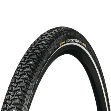 Ein Fahrradreifen mit Spikes, Modell Continental Contact Spike 120, im Profil gezeigt auf schwarzem Hintergrund.