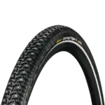 Ein Continental Contact Spike 240 Fahrradreifen mit Spikes und Reflexstreifen auf schwarzem Hintergrund.