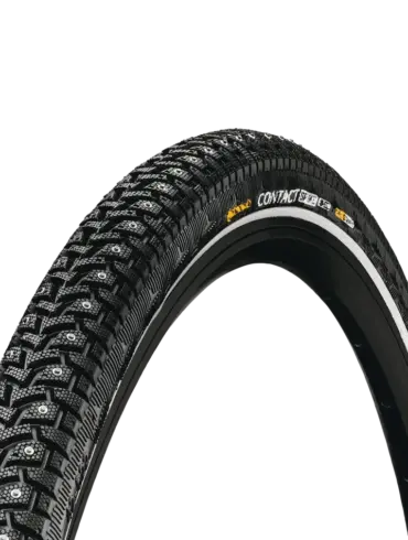 Ein Continental Contact Spike 240 Fahrradreifen mit Spikes und Reflexstreifen auf schwarzem Hintergrund.