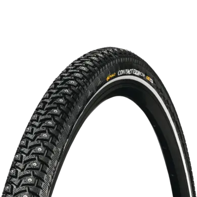 Ein Continental Contact Spike 240 Fahrradreifen mit Spikes und Reflexstreifen auf schwarzem Hintergrund.