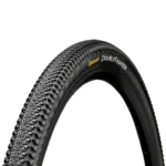 Profilansicht des Continental Double Fighter III Reifens auf schwarzem Hintergrund mit dem Schriftzug "Continental Double Fighter" auf der Seitenwand.