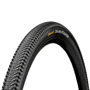 Profilansicht des Continental Double Fighter III Reifens auf schwarzem Hintergrund mit dem Schriftzug "Continental Double Fighter" auf der Seitenwand.