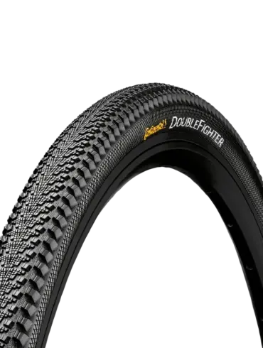 Profilansicht des Continental Double Fighter III Reifens auf schwarzem Hintergrund mit dem Schriftzug "Continental Double Fighter" auf der Seitenwand.