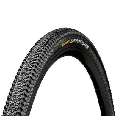 Profilansicht des Continental Double Fighter III Reifens auf schwarzem Hintergrund mit dem Schriftzug "Continental Double Fighter" auf der Seitenwand.