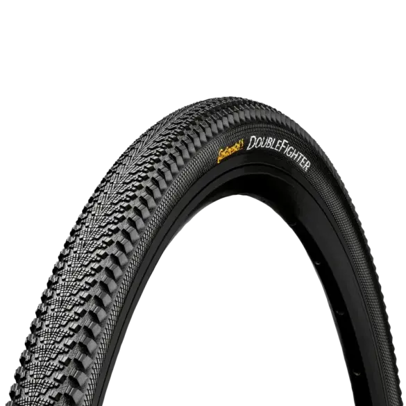 Profilansicht des Continental Double Fighter III Reifens auf schwarzem Hintergrund mit dem Schriftzug "Continental Double Fighter" auf der Seitenwand.
