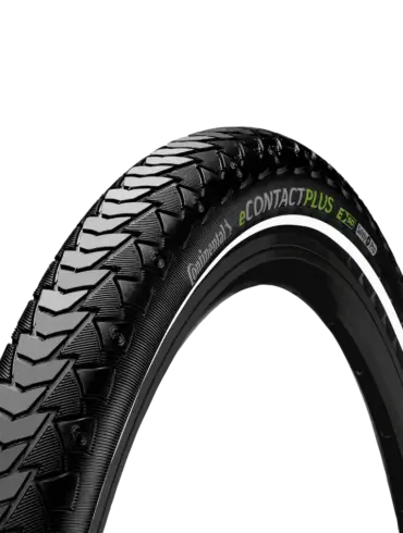 Nahaufnahme eines Continental eCONTACT Plus Reifens mit seinem charakteristischen Profil und der Kennzeichnung E50 und Safety Plus Pro.