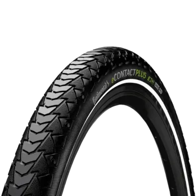 Nahaufnahme eines Continental eCONTACT Plus Reifens mit seinem charakteristischen Profil und der Kennzeichnung E50 und Safety Plus Pro.