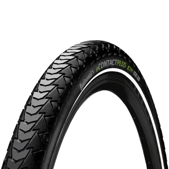 Nahaufnahme eines Continental eCONTACT Plus Reifens mit seinem charakteristischen Profil und der Kennzeichnung E50 und Safety Plus Pro.