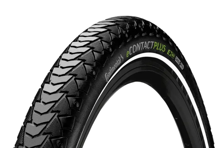 Nahaufnahme eines Continental eCONTACT Plus Reifens mit seinem charakteristischen Profil und der Kennzeichnung E50 und Safety Plus Pro.