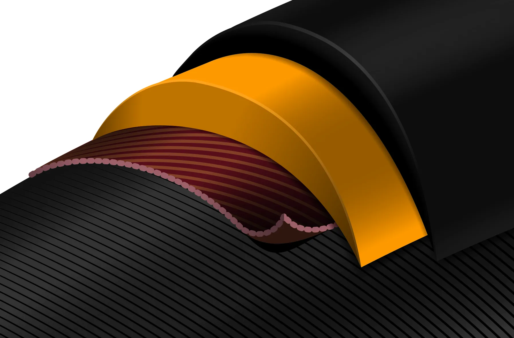 Illustration eines Reifenquerschnitts mit mehreren Schichten, darunter Gummi und Gewebe.