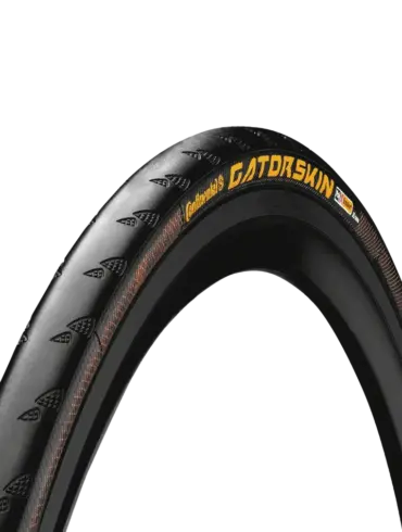Continental Gatorskin Fahrradreifen, zeigt die Lauffläche mit Profil und die Seitenwand mit dem Aufdruck 'GATORSKIN' und brauner DuraSkin-Schutzschicht.