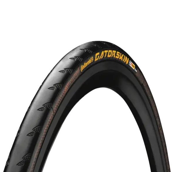 Continental Gatorskin Fahrradreifen, zeigt die Lauffläche mit Profil und die Seitenwand mit dem Aufdruck 'GATORSKIN' und brauner DuraSkin-Schutzschicht.