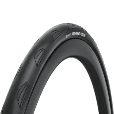 Seitenansicht eines schwarzen Continental Grand Prix Rennradreifens mit silberner Beschriftung auf einem dunklen Hintergrund.