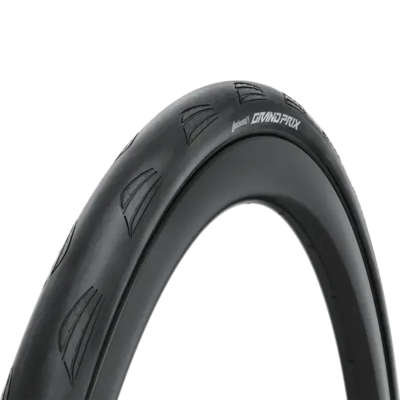 Seitenansicht eines schwarzen Continental Grand Prix Rennradreifens mit silberner Beschriftung auf einem dunklen Hintergrund.
