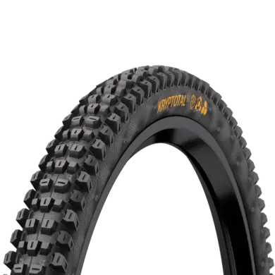 Ein schwarzer Mountainbike-Reifen mit dem Namen "Kryptotal" und orangefarbener Beschriftung und Symbolen.