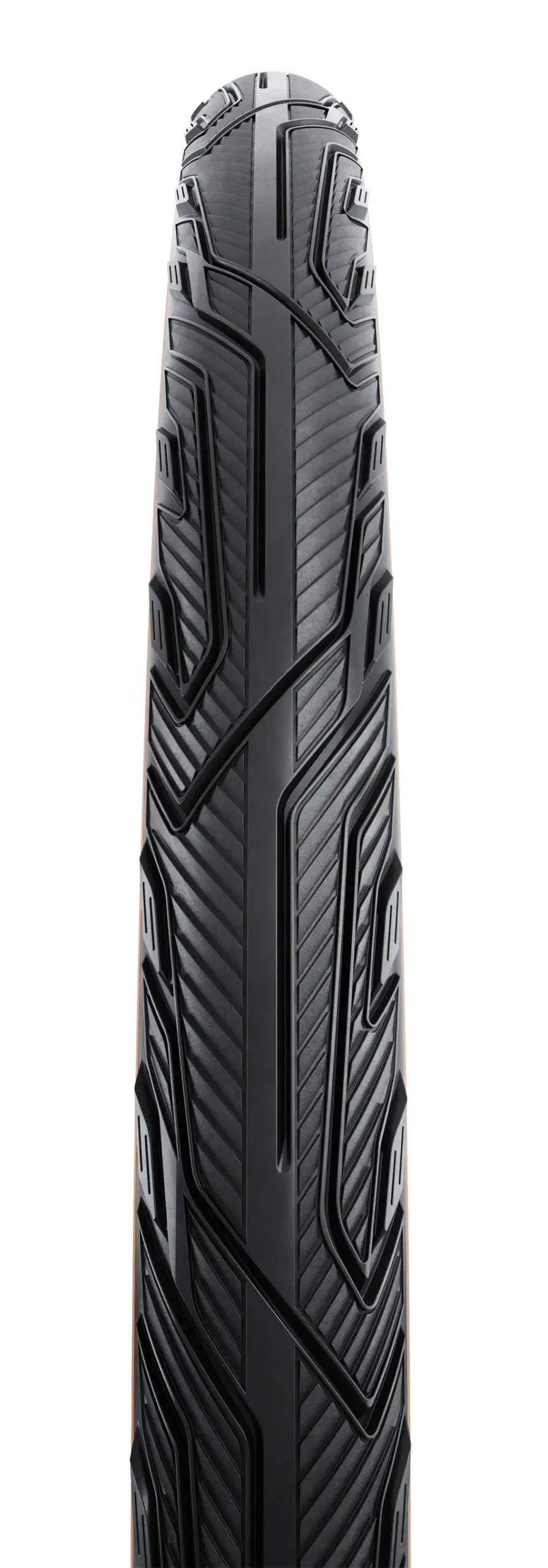 Detailansicht des schwarzen Fahrradreifens Continental Pure CONTACT mit seinem ausgeprägten Profil.