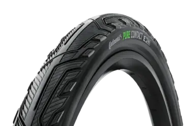 Continental Pure CONTACT Fahrradreifen mit grünem Schriftzug und E-50 Kennzeichnung auf schwarzem Hintergrund.