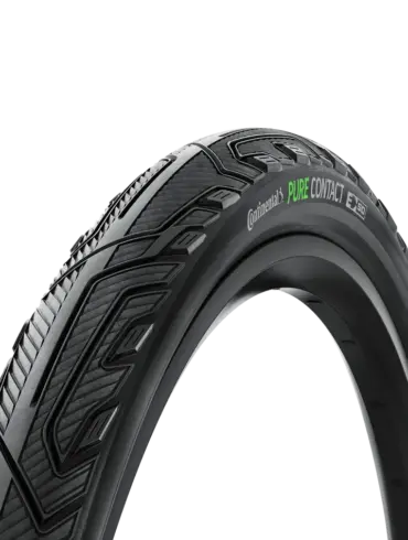 Continental Pure CONTACT Fahrradreifen mit grünem Schriftzug und E-50 Kennzeichnung auf schwarzem Hintergrund.
