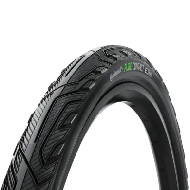 Continental Pure CONTACT Fahrradreifen mit grünem Schriftzug und E-50 Kennzeichnung auf schwarzem Hintergrund.