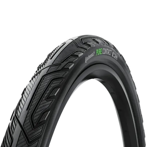Continental Pure CONTACT Fahrradreifen mit grünem Schriftzug und E-50 Kennzeichnung auf schwarzem Hintergrund.