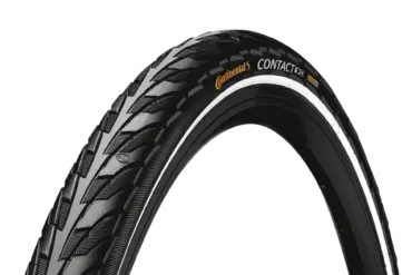 Nahaufnahme eines Continental Pure Contact Fahrradreifens mit schwarzem Gummi und weißem Seitenstreifen, der für Stadtfahrräder und E-Bikes konzipiert ist.