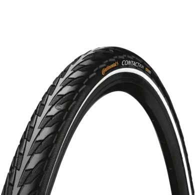 Nahaufnahme eines Continental Pure Contact Fahrradreifens mit schwarzem Gummi und weißem Seitenstreifen, der für Stadtfahrräder und E-Bikes konzipiert ist.