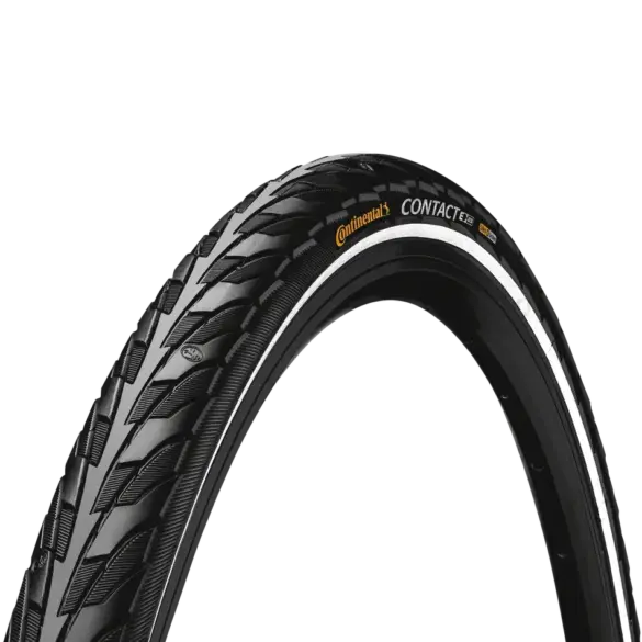 Nahaufnahme eines Continental Pure Contact Fahrradreifens mit schwarzem Gummi und weißem Seitenstreifen, der für Stadtfahrräder und E-Bikes konzipiert ist.