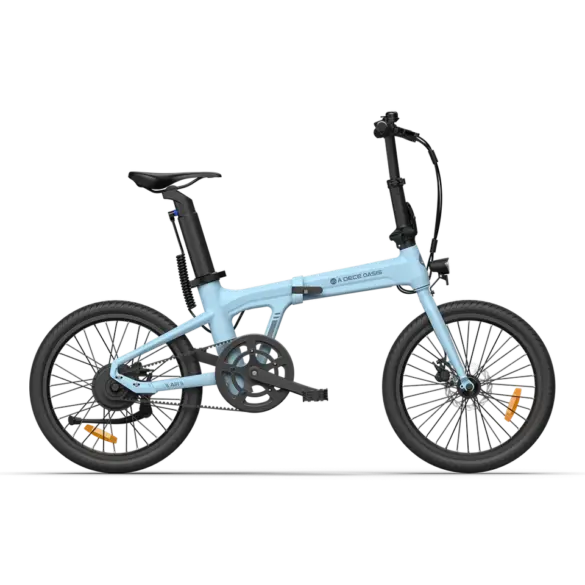 Eine Seitenansicht des hellblauen faltbaren ADO Air 20 Elektrofahrrads mit 20-Zoll-Reifen und Carbon-Riemenantrieb.