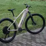 Ein hellbeiges Prophete E-MTB "Dice 2.0" mit 29-Zoll-Laufrädern und silbernem Rahmen steht auf einem gepflasterten Weg neben einer Rasenfläche.