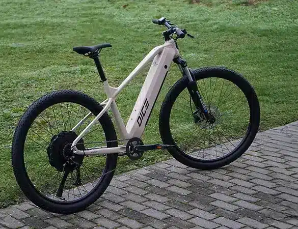 Ein hellbeiges Prophete E-MTB "Dice 2.0" mit 29-Zoll-Laufrädern und silbernem Rahmen steht auf einem gepflasterten Weg neben einer Rasenfläche.