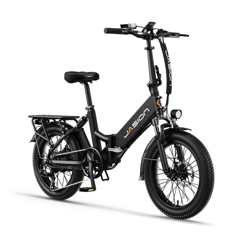 Vorderansicht eines schwarzen, faltbaren Jasion EB7 ST Elektrofahrrads auf schwarzem Hintergrund.