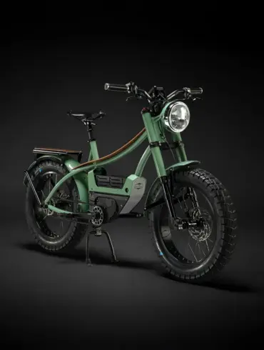 Ein grünes Heritage Heroes Club E-Bike steht auf schwarzem Hintergrund. Das Fahrrad hat einen robusten Chromoly-Stahlrahmen, breite Reifen und eine integrierte Motor- und Batterielösung.