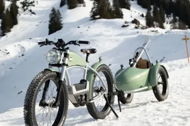 Ein hellgrünes E-Bike mit einem passenden Anhänger, in dem Skier transportiert werden, parkt auf einem schneebedeckten Hang mit Bäumen im Hintergrund.