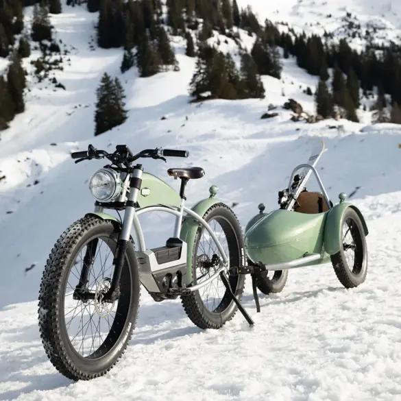 Ein hellgrünes E-Bike mit einem passenden Anhänger, in dem Skier transportiert werden, parkt auf einem schneebedeckten Hang mit Bäumen im Hintergrund.
