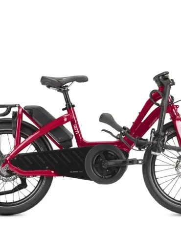 Rotes Tern NBD S5i E-Bike im Seitenprofil, mit Fokus auf den tiefen Einstieg und die kompakte Bauweise.
