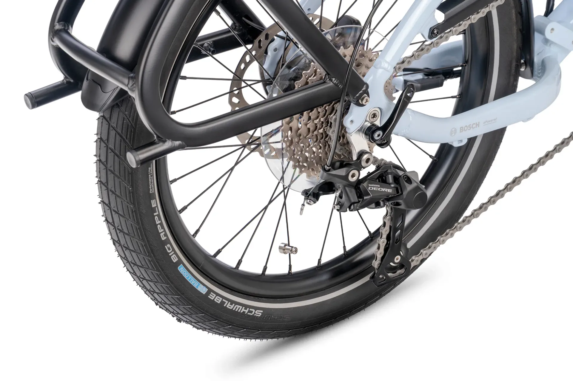 Detailansicht des Hinterrads mit Schaltung und Reifen des Tern Vektron P10 Faltrades