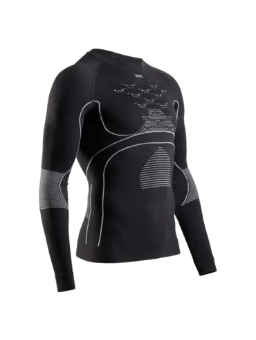 Schwarz gestricktes Funktionsunterhemd mit langen Ärmeln und weißen Akzenten, das die X-Bionic AirComPlex-Zone und das 3D Bionic Sphere System zur Wärmeregulierung darstellt.